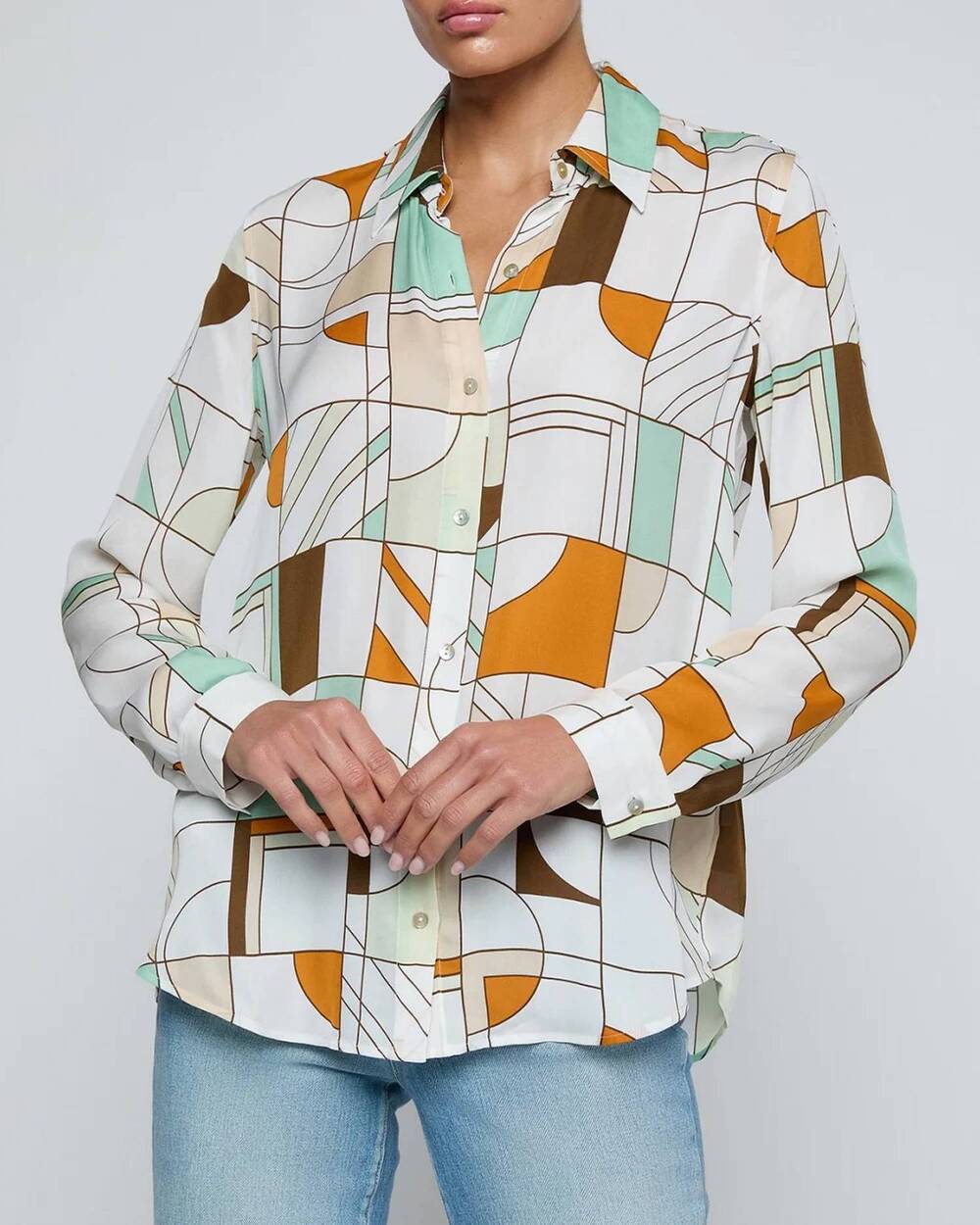 NEW L'AGENCE nina long sleeve blouse in multi abstract geo